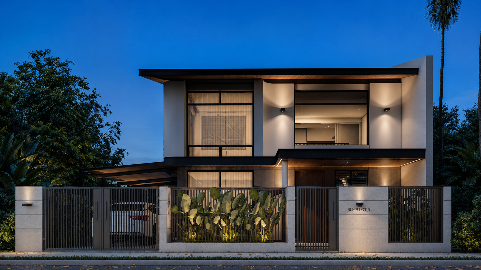 Clemente Residence modern tropical exterior at dusk